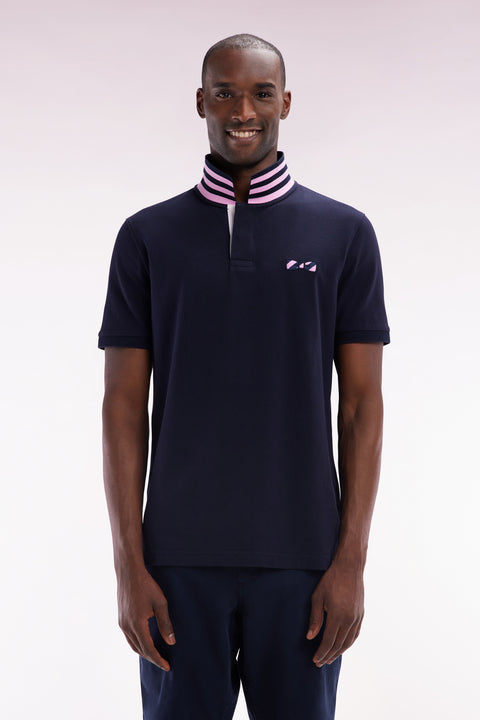 Polo à manches courtes en coton marine dessous de col cerclé coupe droite - Image 1