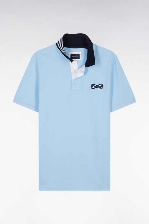 Straight-fit short-sleeved polo shirt in sky blue cotton with striped undercollar - Image 1