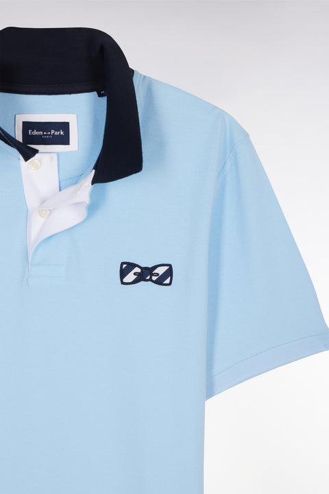 Straight-fit short-sleeved polo shirt in sky blue cotton with striped undercollar - Image 3