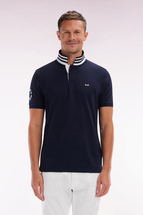 Straight-fit short-sleeved polo shirt in navy cotton piqué with 10 sleeves embroidery - Image 1