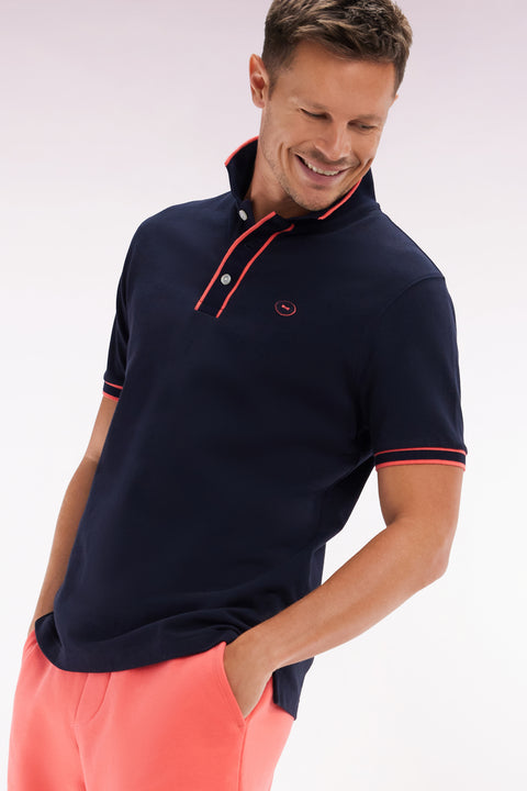 Relaxed-fit short-sleeved polo shirt in coral cotton with colorful stripes - Image 3