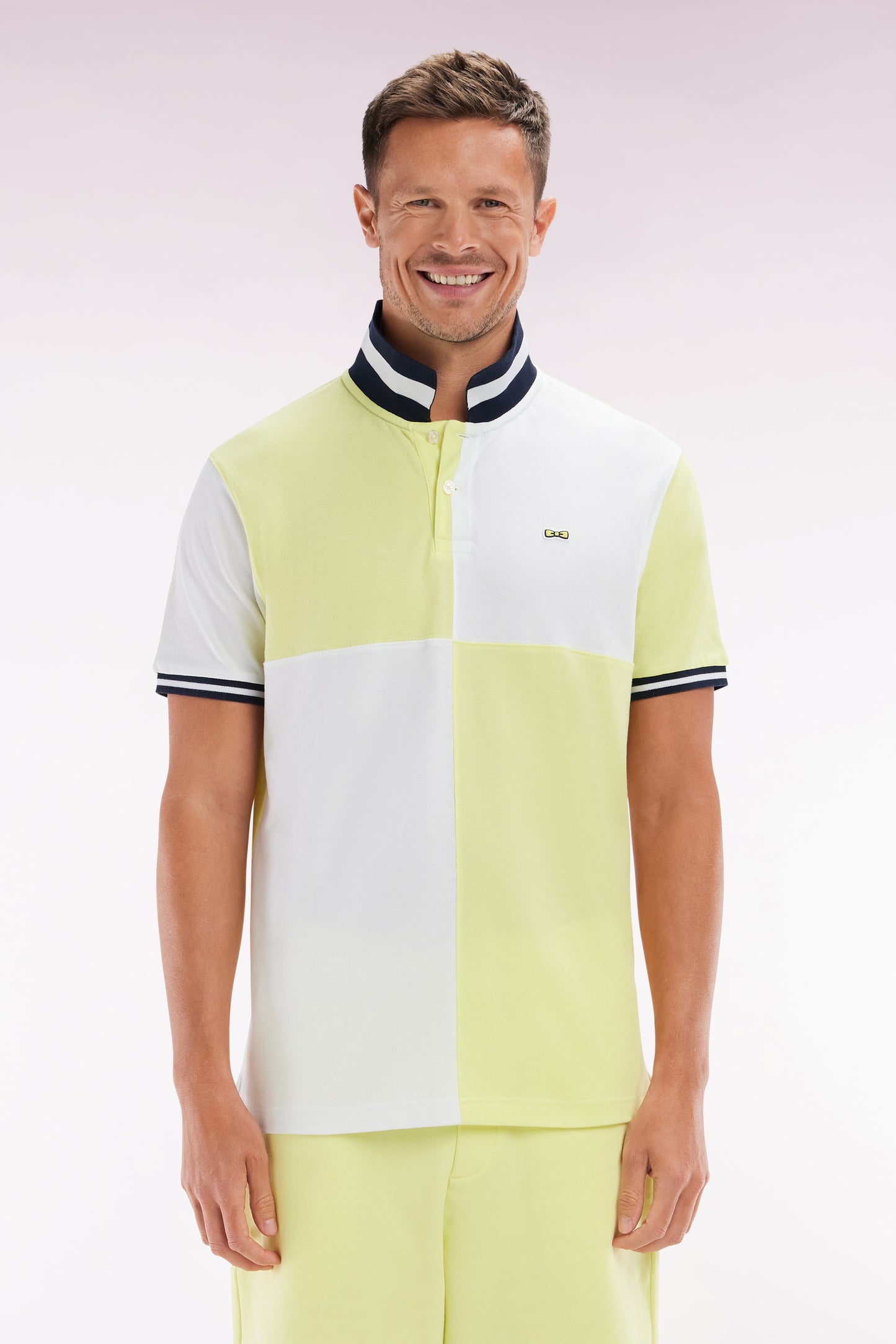 Relaxed-fit cut and sew short-sleeved polo shirt in yellow cotton