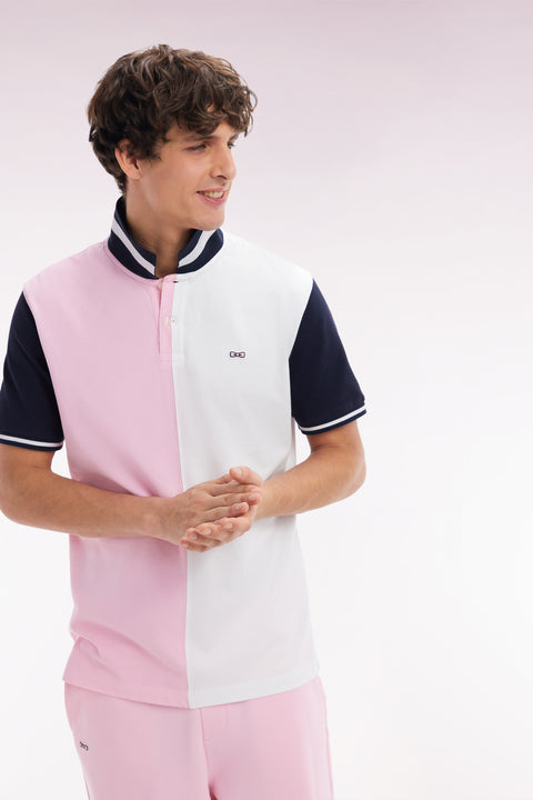 Polo à manches courtes en coton bicolore rose et blanc coupe décontractée - Image 3