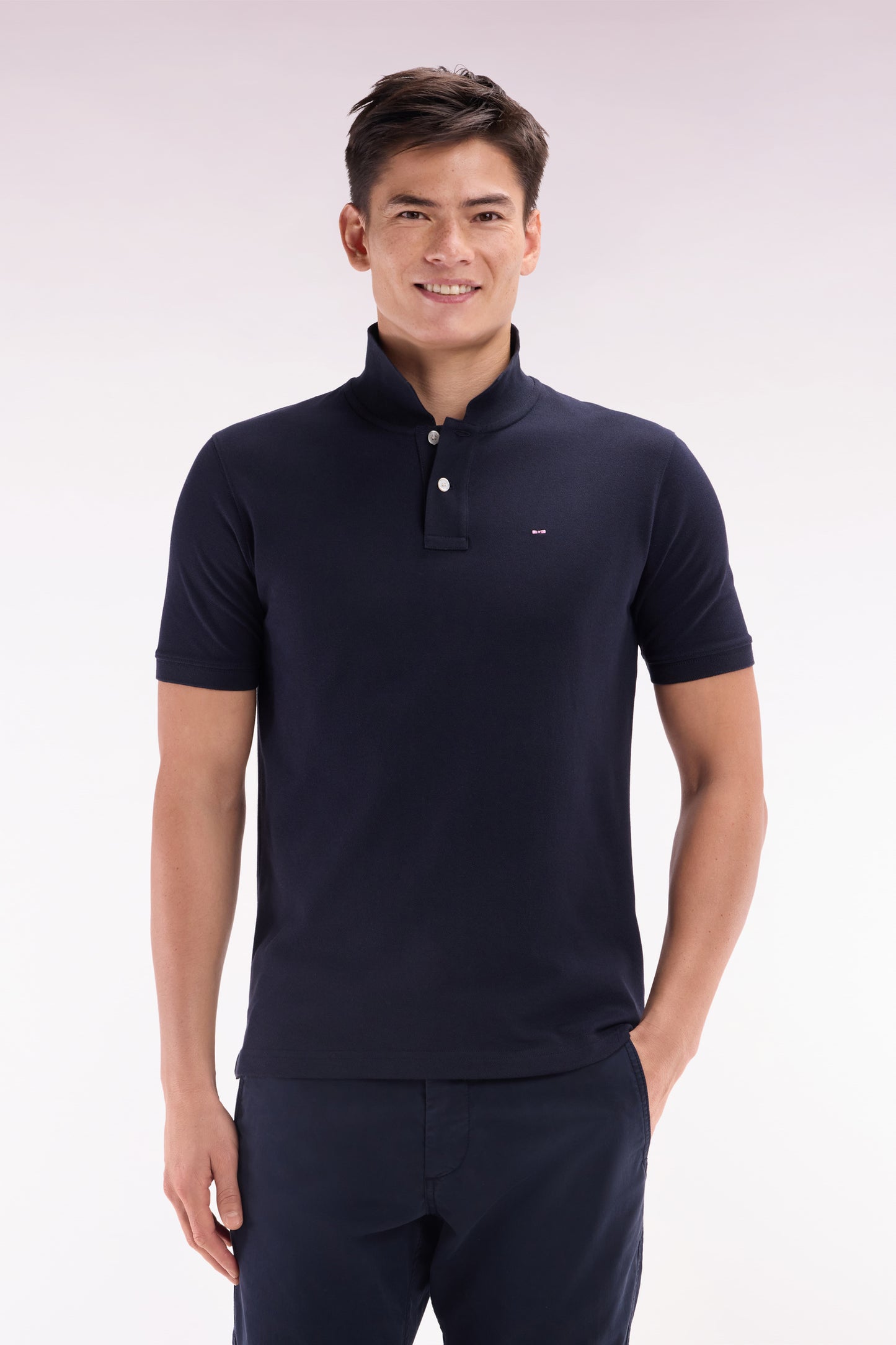 Straight-fit short-sleeved polo shirt in navy Pima cotton
