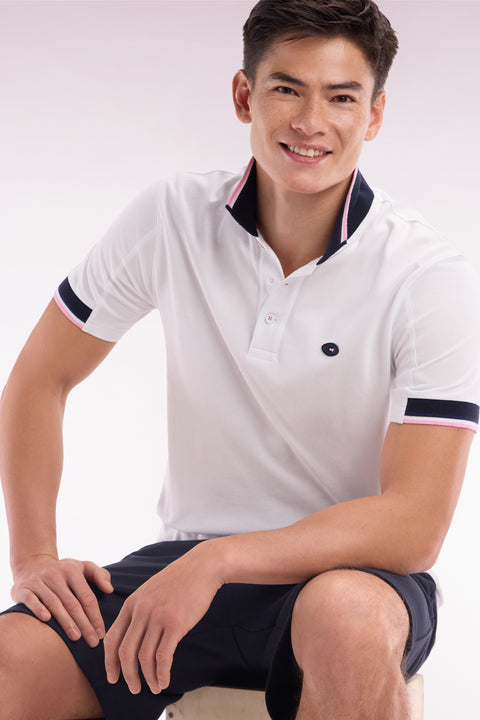 Straight-cut short-sleeved polo shirt in white cotton with two-tone ribbed edges - Image 3