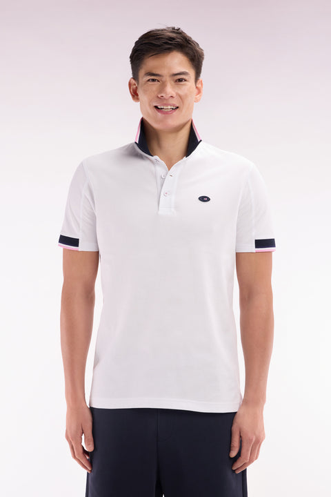 Straight-cut short-sleeved polo shirt in white cotton with two-tone ribbed edges - Image 1