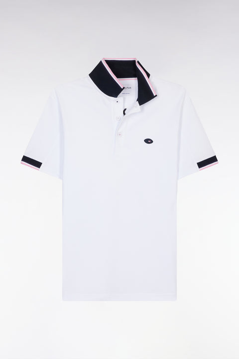 Straight-cut short-sleeved polo shirt in white cotton with two-tone ribbed edges - Image 2