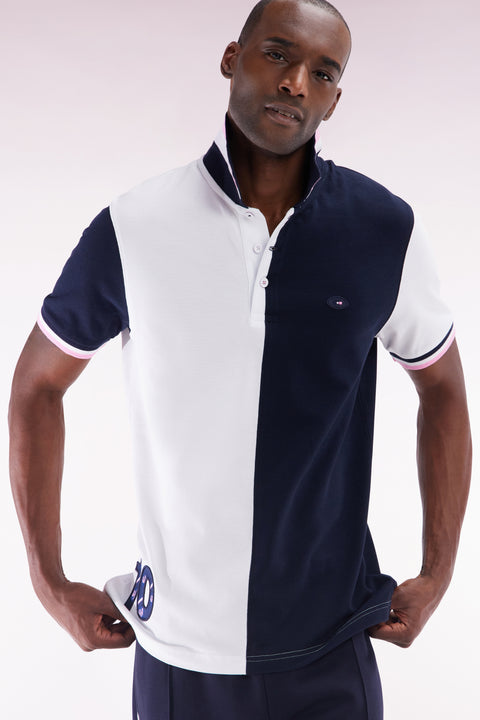 Polo à manches courtes en coton bicolore blanc et marine coupe droite - Image 3