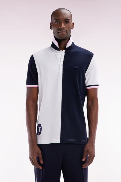 Polo à manches courtes en coton bicolore blanc et marine coupe droite - Image 1