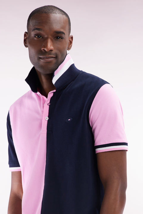 Polo à manches courtes en coton bicolore rose et marine coupe droite - Image 3