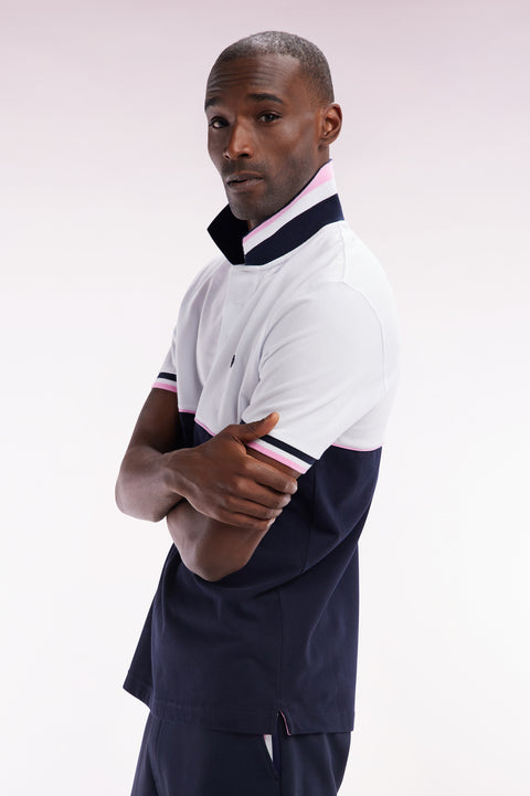 Polo à manches courtes en piqué coton bicolore marine et blanc coupe droite - Image 3