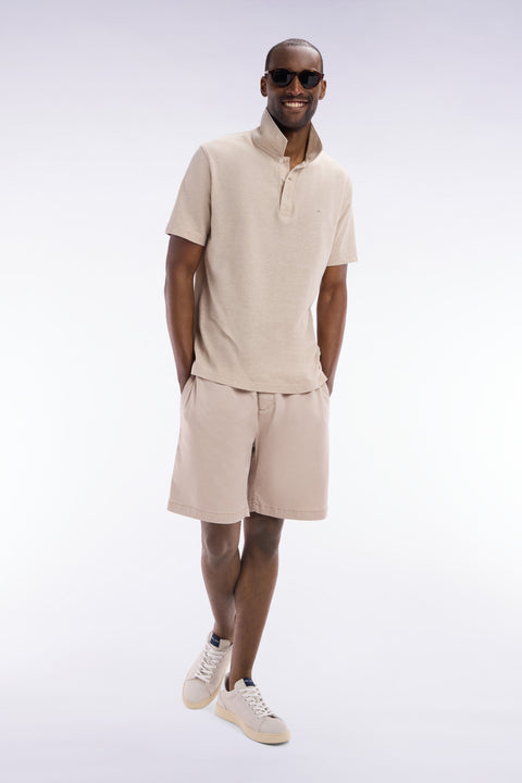 Straight-fit short-sleeved polo shirt in beige cotton-linen blend - Image 3