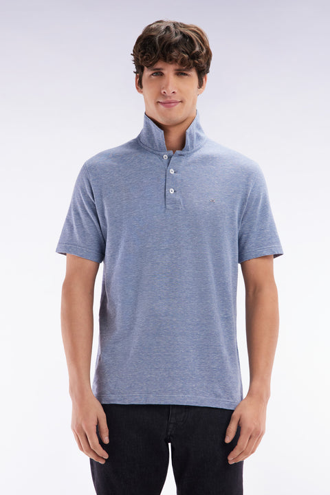 Straight-fit short-sleeved polo shirt in dark grey cotton-linen blend - Image 1