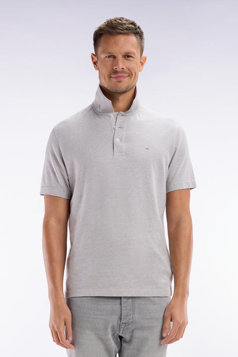 Straight-fit short-sleeved polo shirt in light grey cotton-linen blend - Image 1