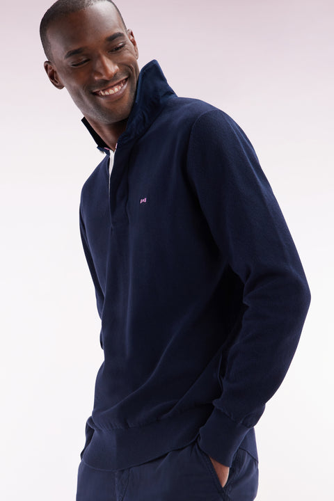 Pull col maillot en coton marine broderie dos nœud papillon cerclée coupe droite - Image 2