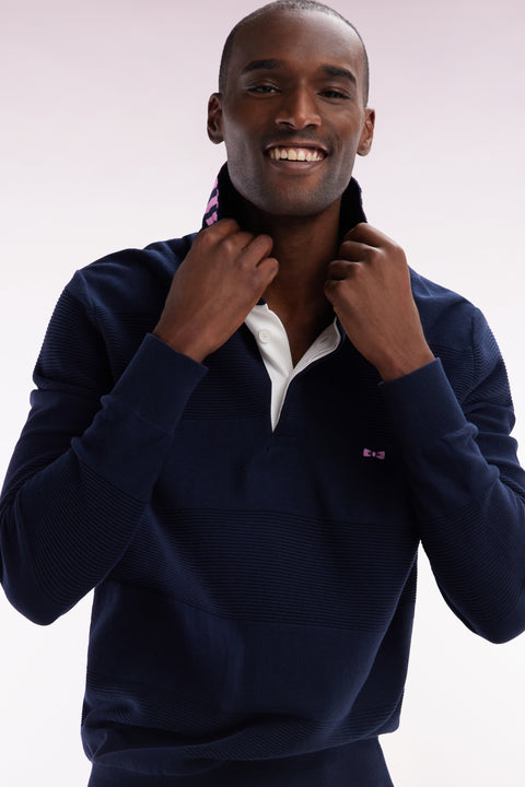 Pull col maillot en coton marine détails cerclés coupe droite - Image 2