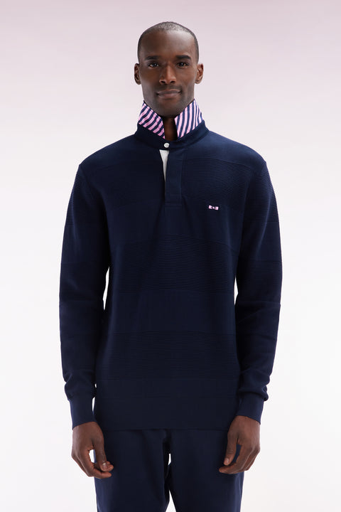 Pull col maillot en coton marine détails cerclés coupe droite - Image 1