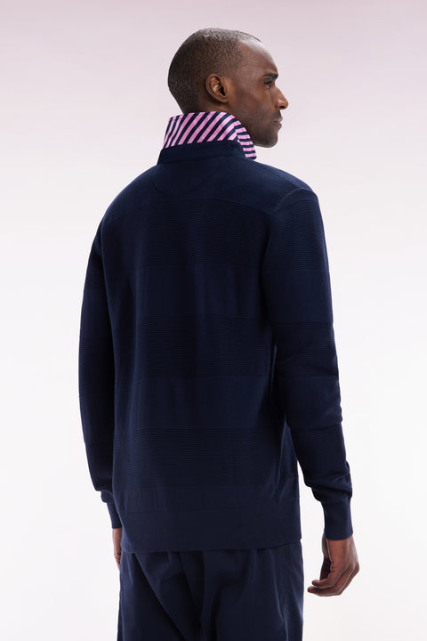 Pull col maillot en coton marine détails cerclés coupe droite - Image 3