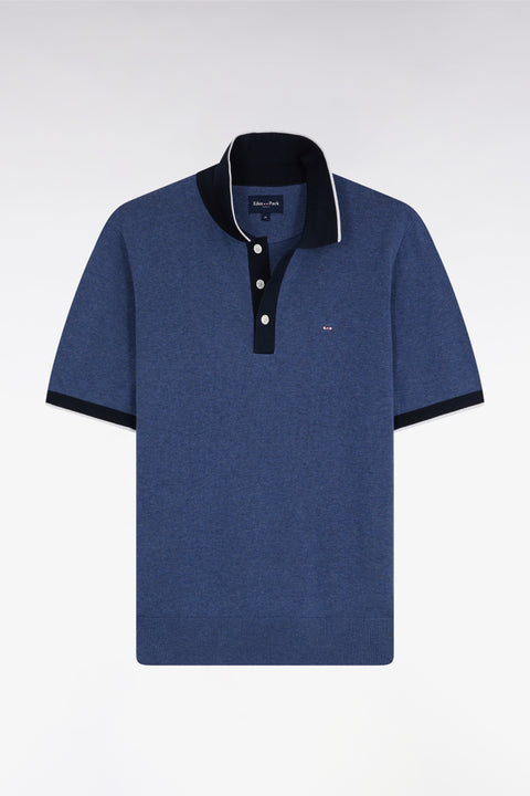 Pull manches courtes à col polo en coton bleu coupe droite - Image 1