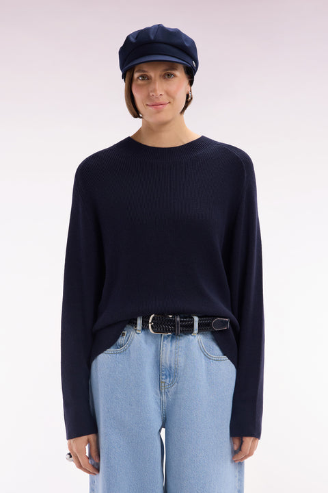 Pull col rond côtelé marine coupe décontractée - Image 3