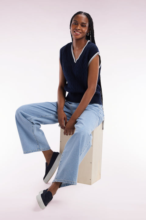 Pull sans manches en coton torsadé bleu marine coupe décontractée - Image 1