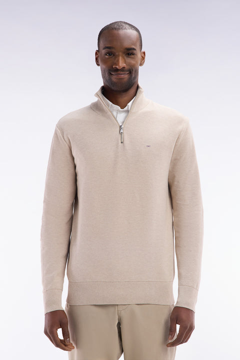 Pull col camionneur en coton nid d'abeille beige coupe droite - Image 1