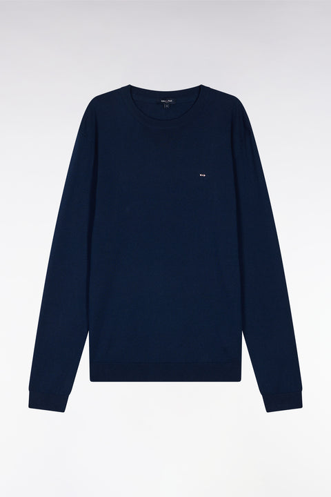 Pull col rond en coton et soie mélangés marine coupe droite - Image 2