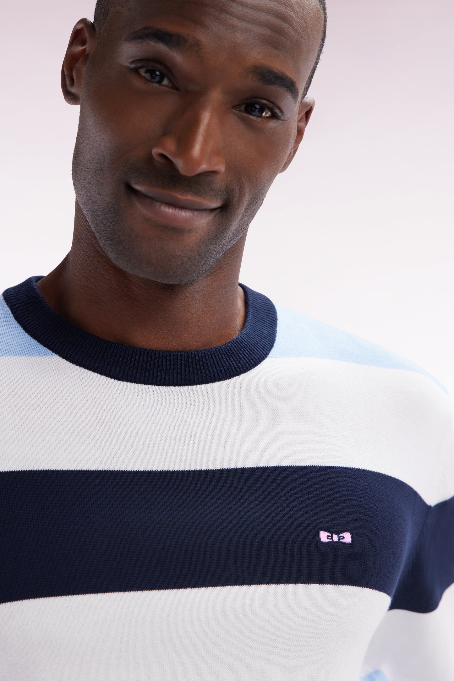 Round collar striped jumper in sky blue and white cotton