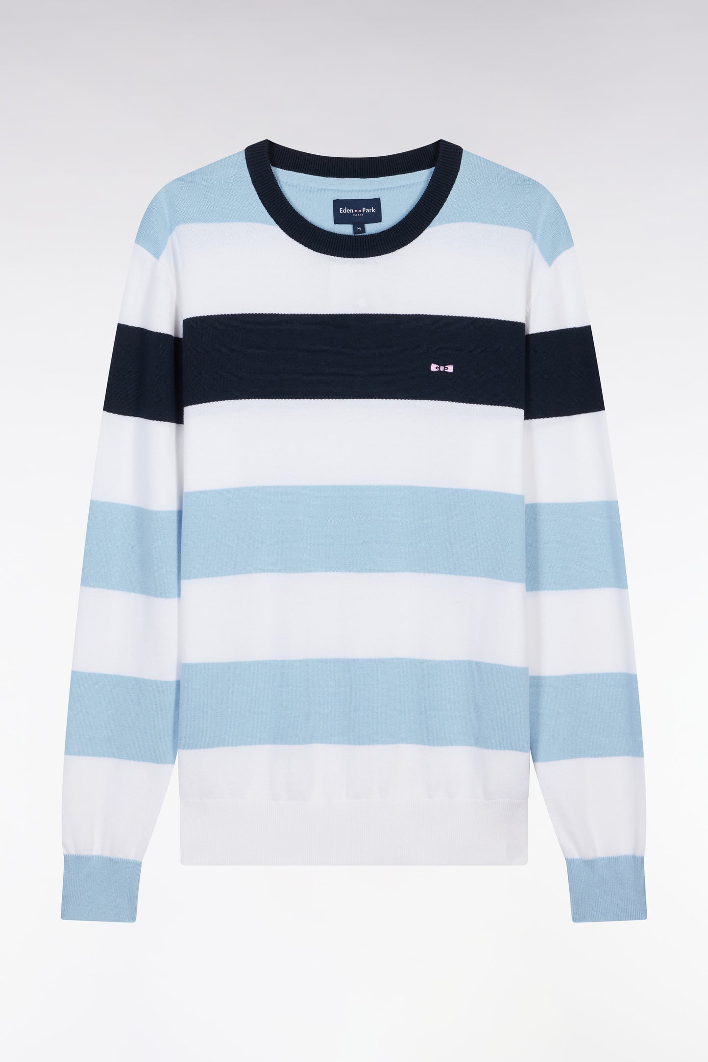 Round collar striped jumper in sky blue and white cotton