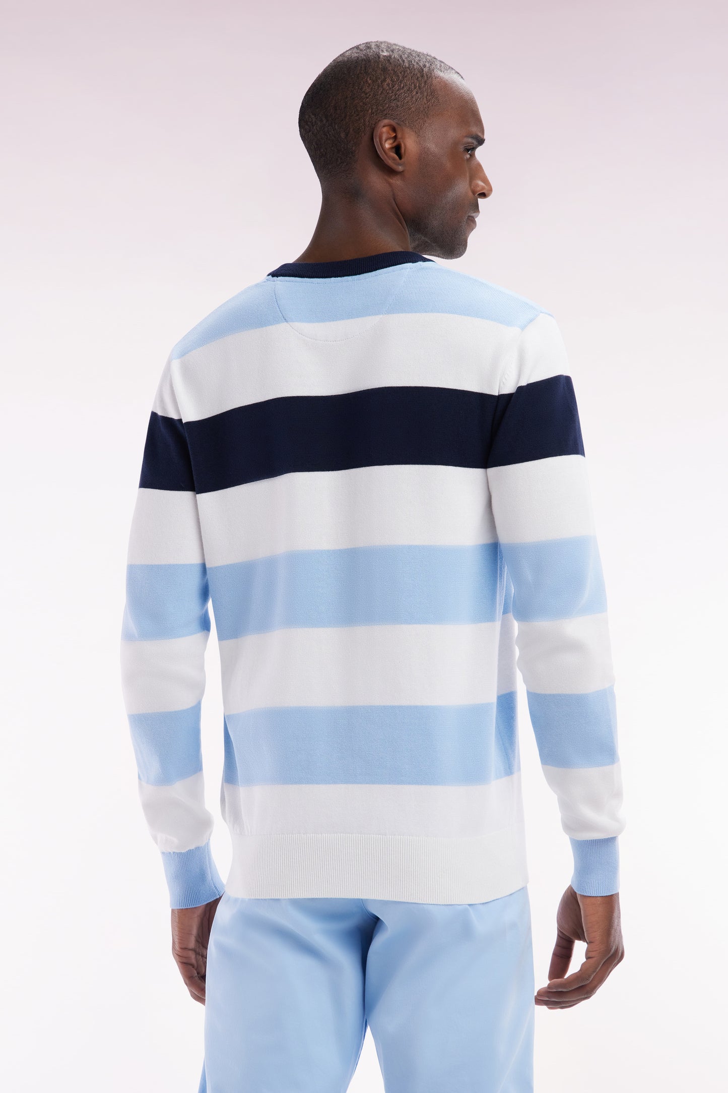 Round collar striped jumper in sky blue and white cotton
