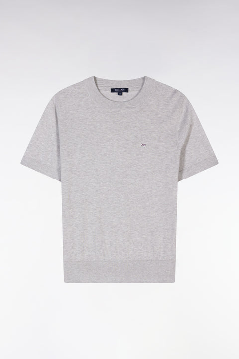 Pull col rond à manches courtes en coton biologique et cachemire gris coupe droite - Image 1