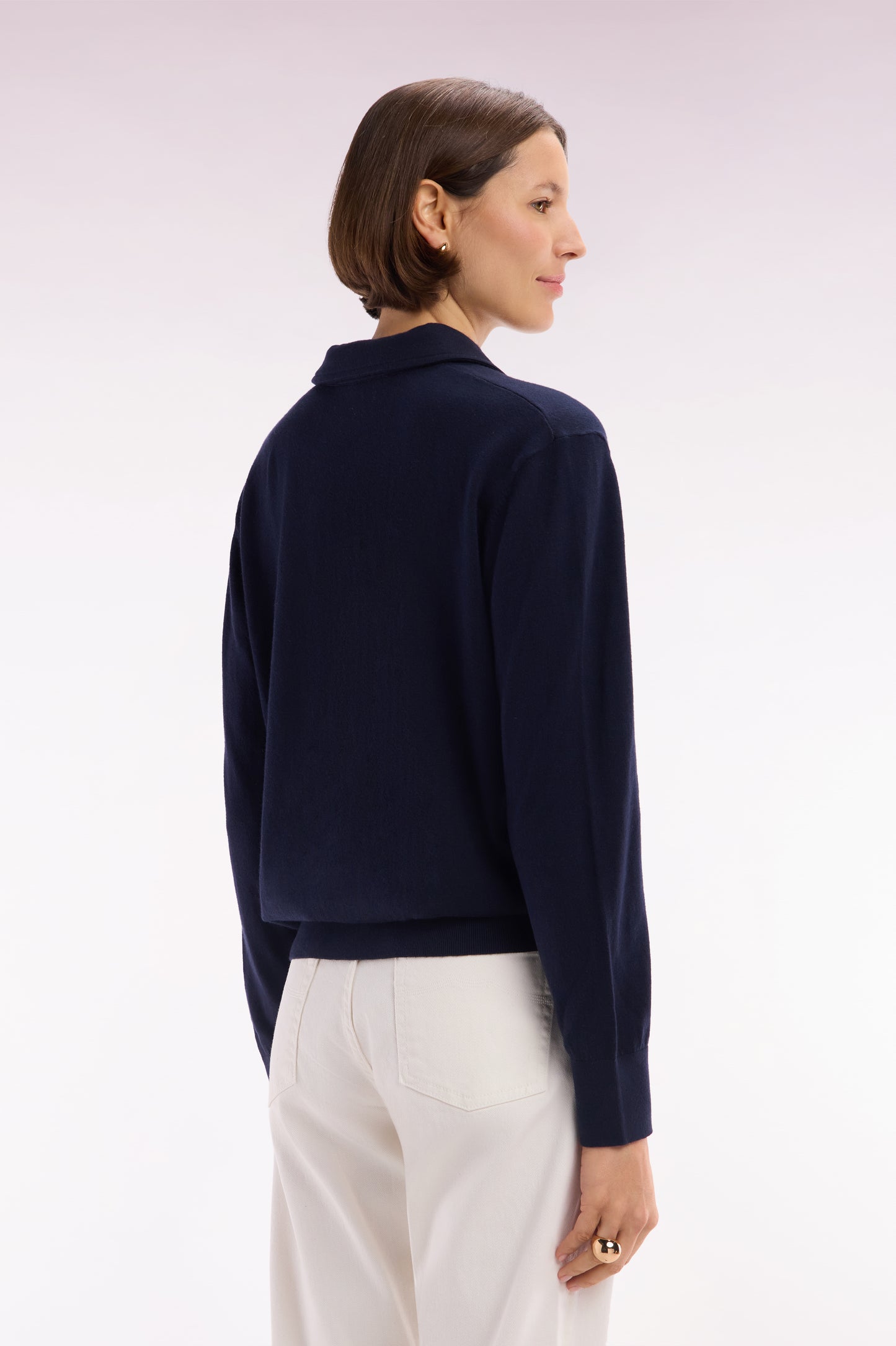 Relaxed-fit navy rugby shirt collar jumper in organic cotton and cashmere blend