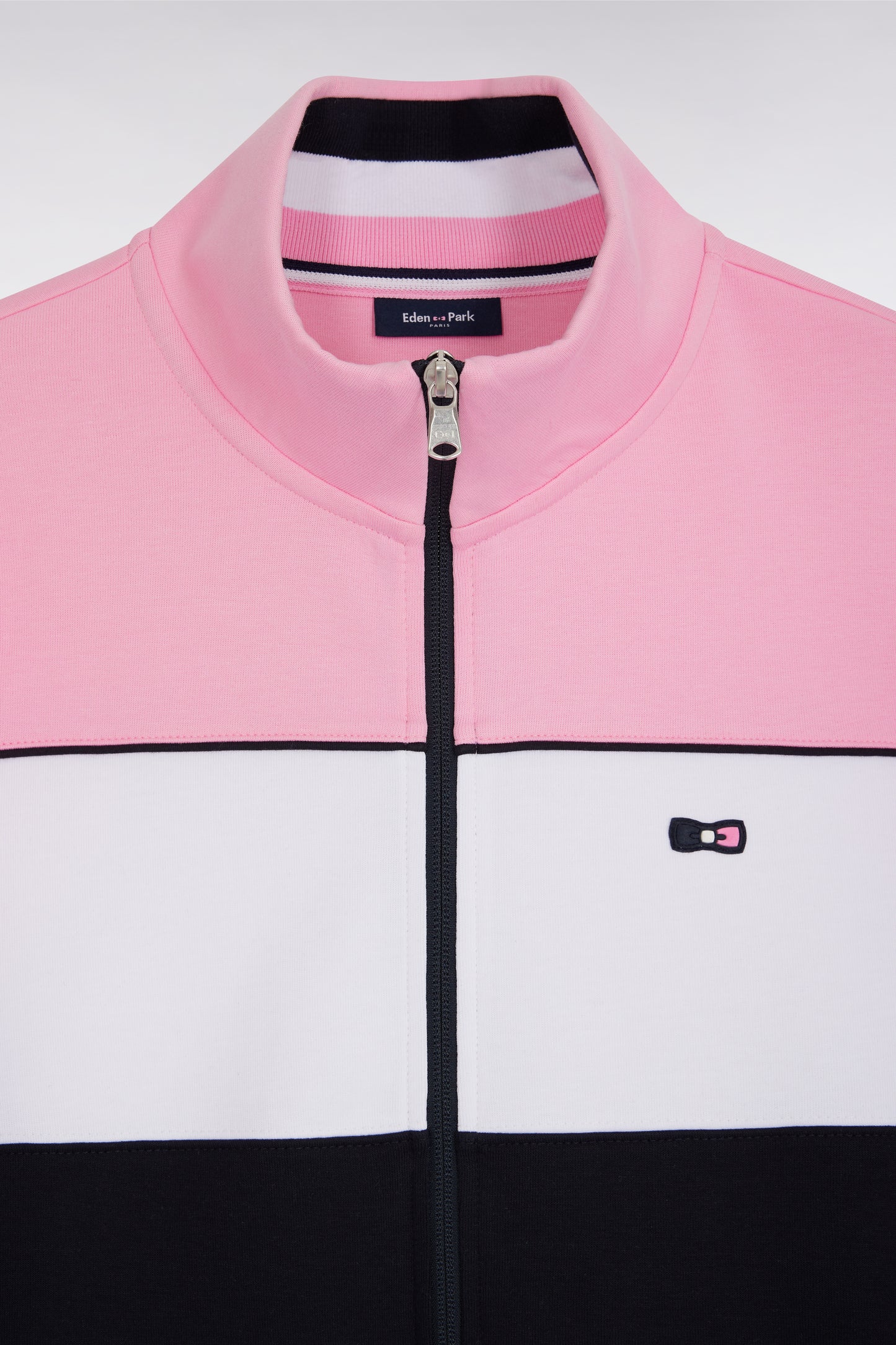 Straight-fit pink tricolor stretch cotton fleece zip-up sweatshirt
