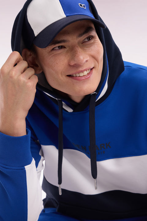 Sweatshirt à capuche en molleton coton tricolore bleu coupe décontractée - Image 3