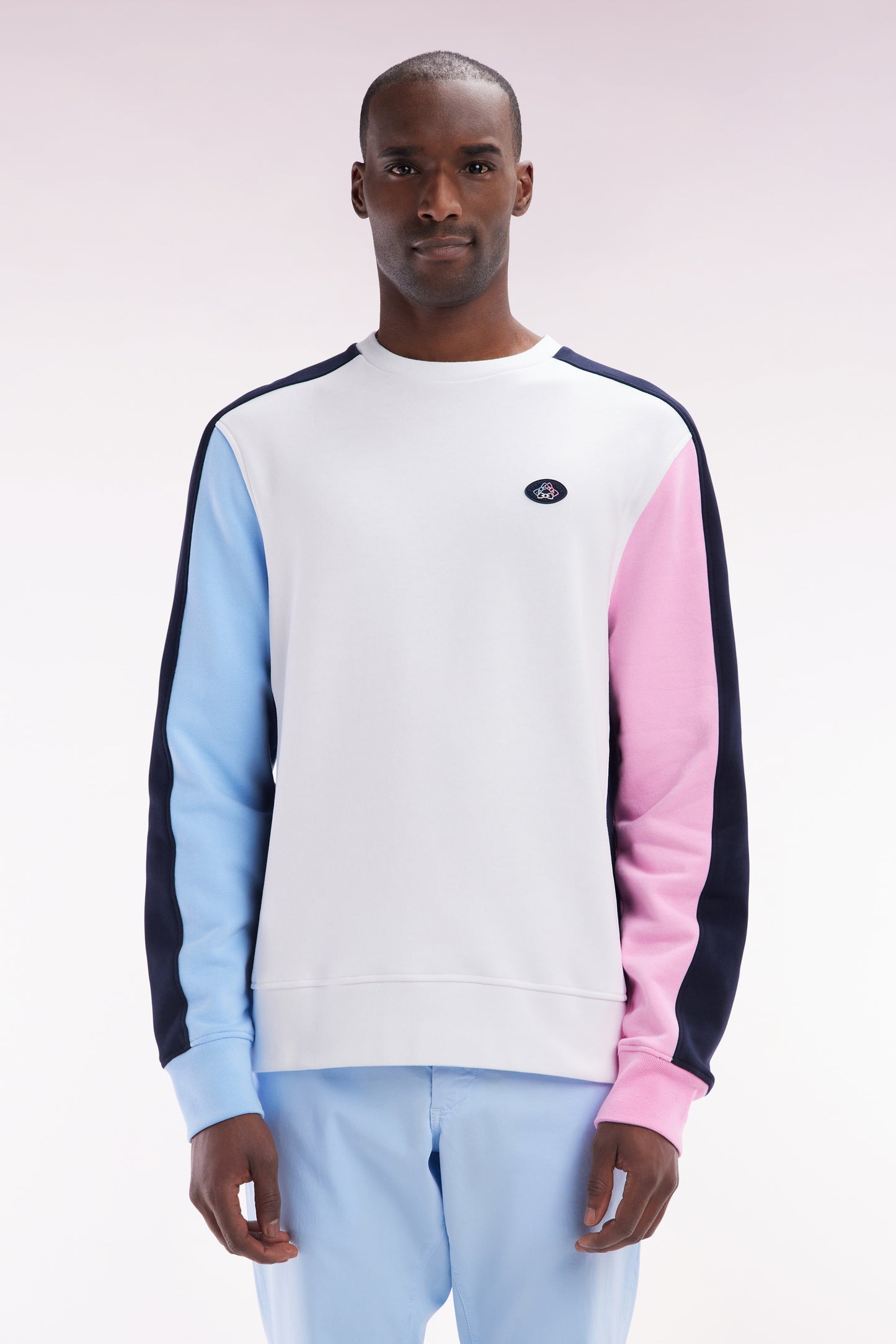Straight-fit white cotton fleece tricolor sweatshirt