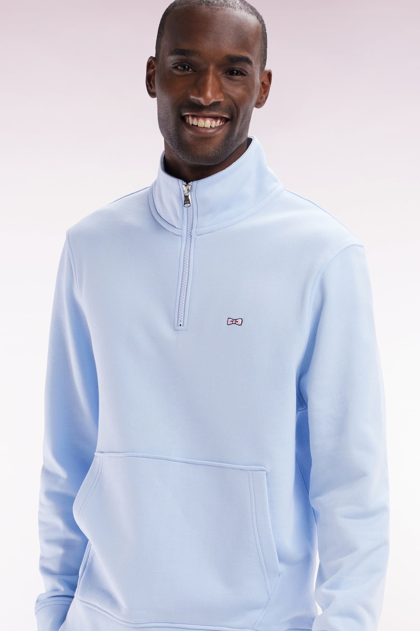 Straight-fit sky blue cotton zip-neck sweatshirt