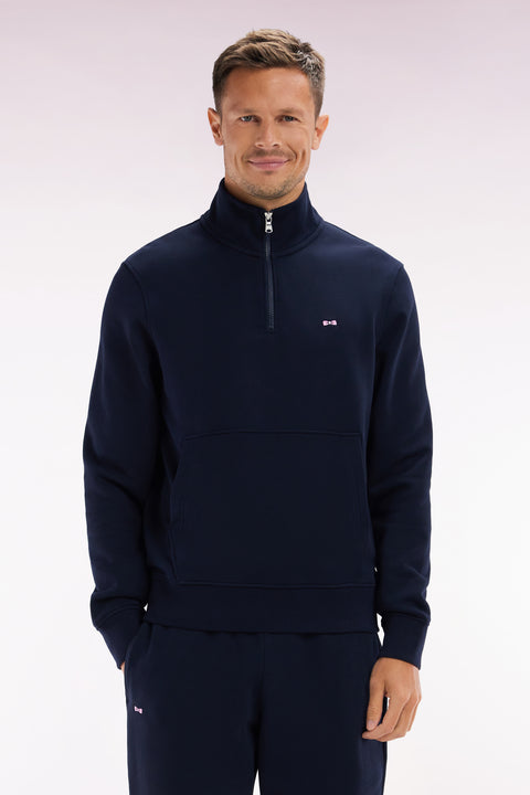 Sweatshirt à col zippé en coton marine coupe droite - Image 1