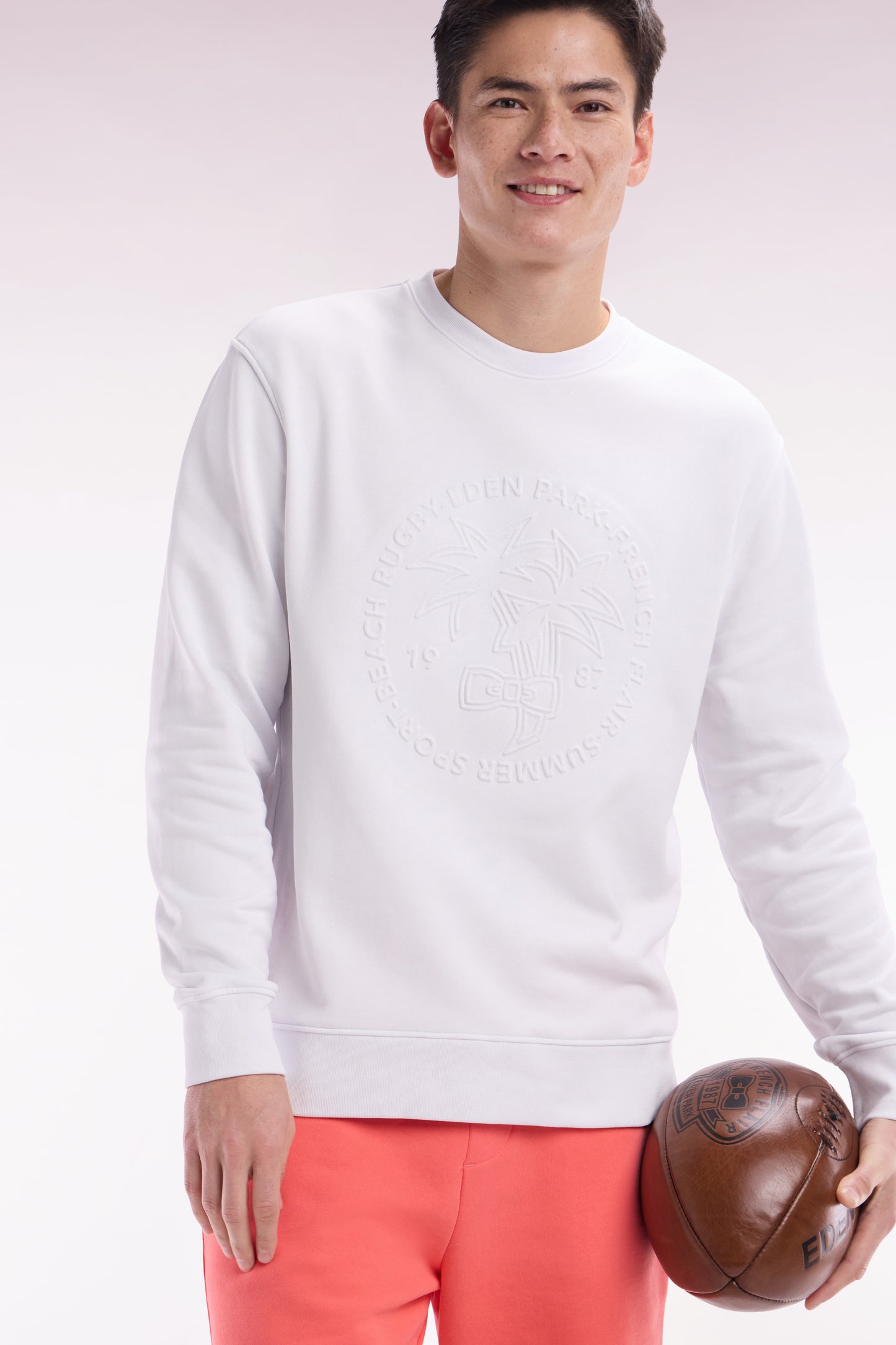Sweatshirt en molleton coton blanc broderie palmier ton sur ton coupe décontractée