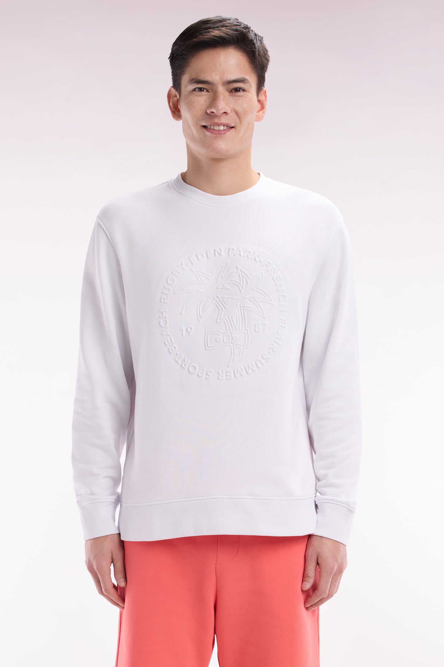 Sweatshirt en molleton coton blanc broderie palmier ton sur ton coupe décontractée