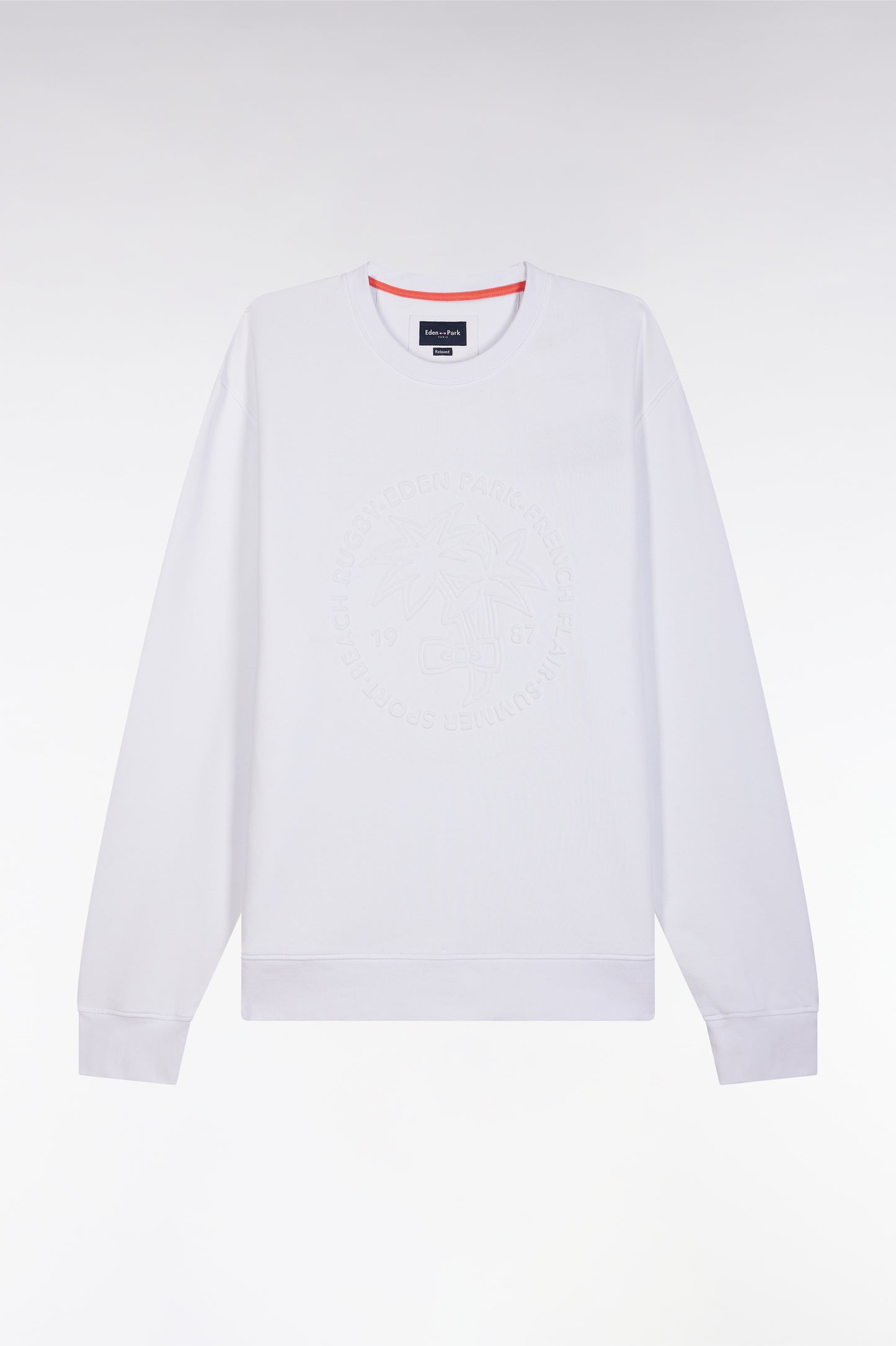 Sweatshirt en molleton coton blanc broderie palmier ton sur ton coupe décontractée