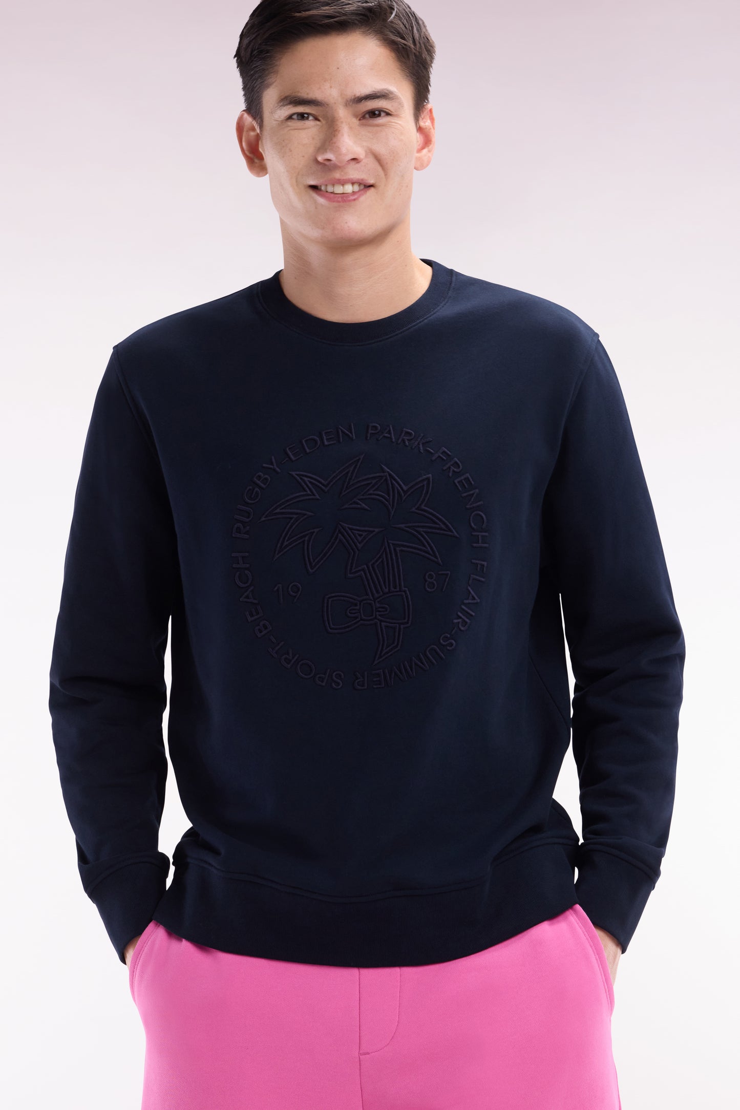 Relaxed-fit navy cotton fleece sweatshirt with tone-on-tone palm tree embroidery