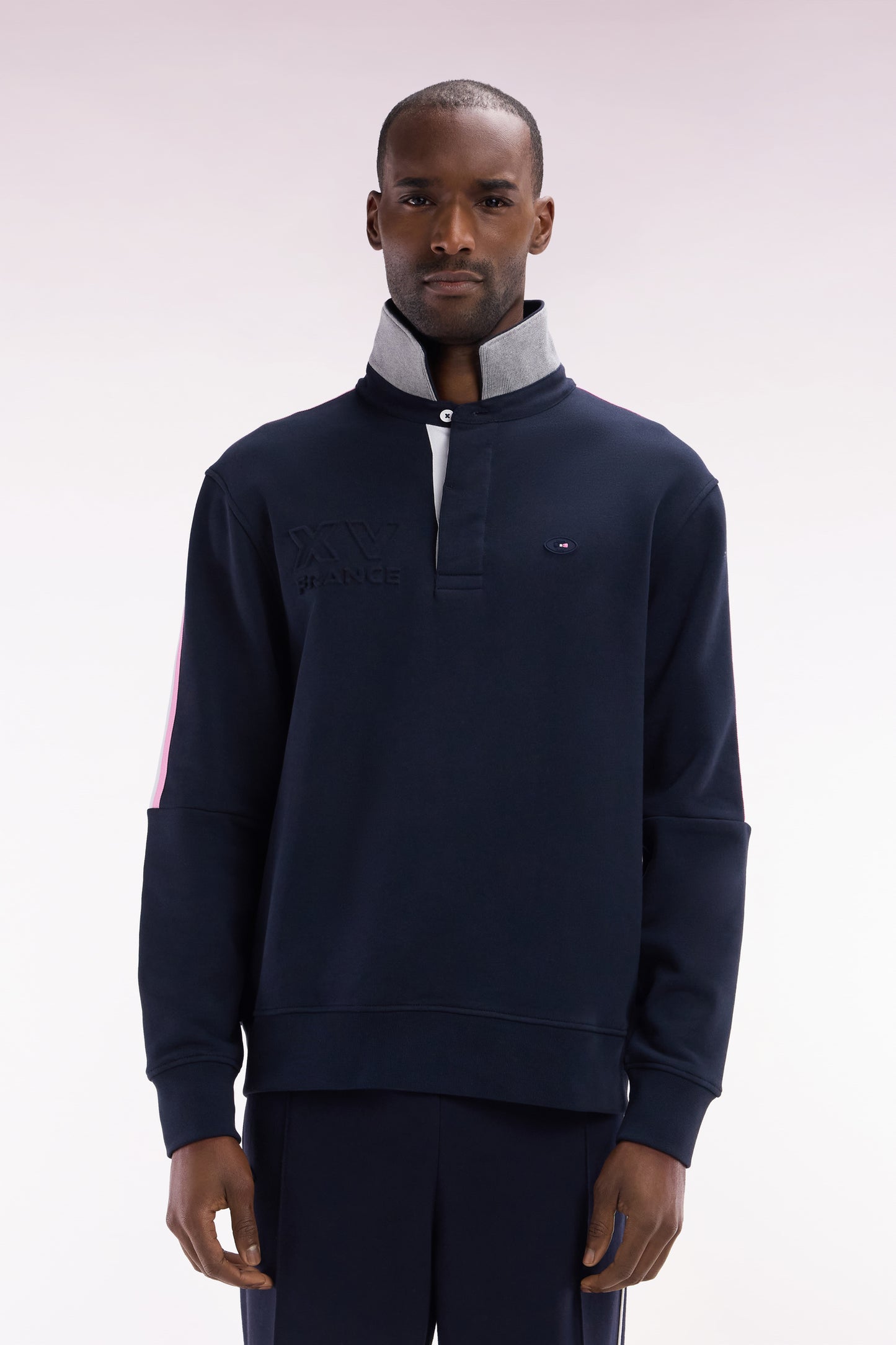 Straight-fit navy XV de France cotton sweatshirt with rugby shirt collar