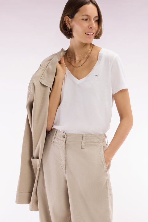 V-neck T-shirt in lightweight white Pima cotton jersey, straight cut - Image 1