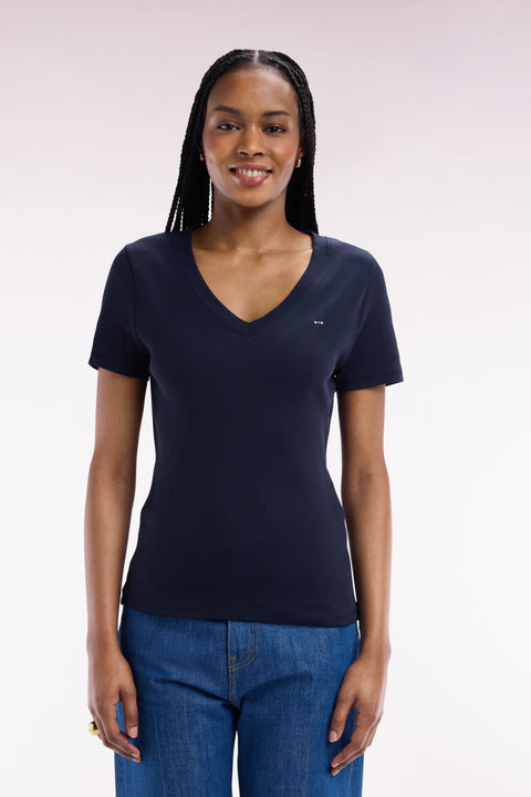 T-shirt en coton Pima côtelé marine coupe ajustée - Image 1