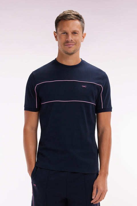 T-shirt en coton marine à passepoils roses coupe droite - Image 1