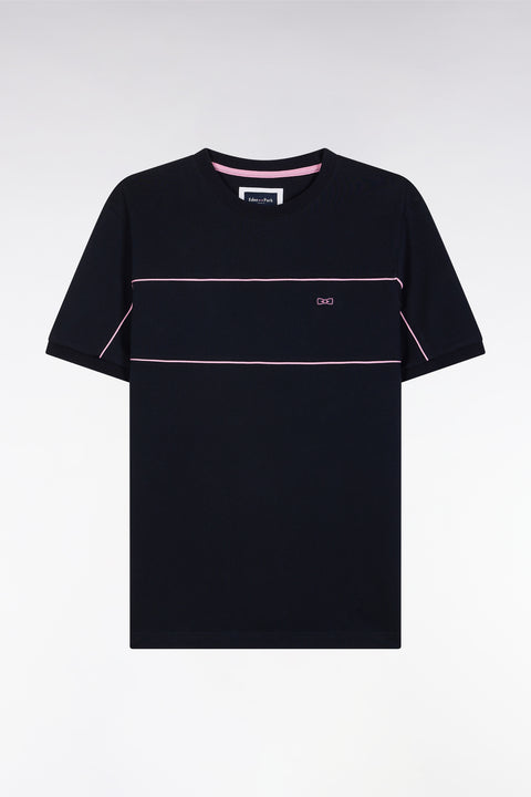 T-shirt en coton marine à passepoils roses coupe droite - Image 2