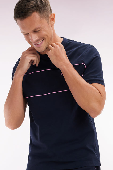 T-shirt en coton marine à passepoils roses coupe droite - Image 3