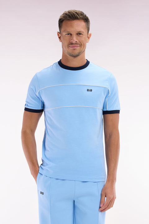 T-shirt en jersey de coton ciel à détails contrastés coupe droite - Image 1