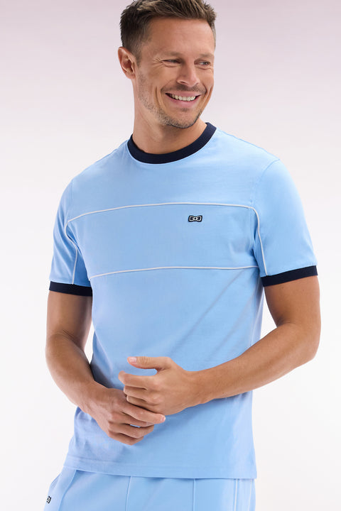 T-shirt en jersey de coton ciel à détails contrastés coupe droite - Image 3