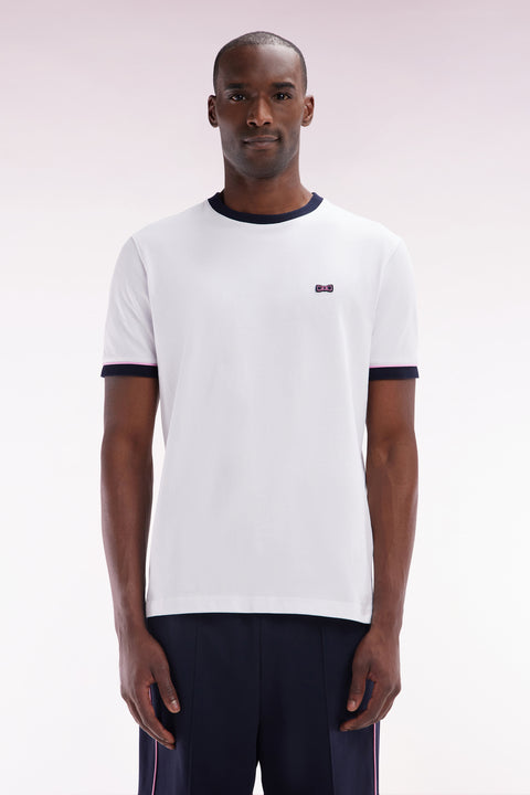 Straight-fit white cotton T-shirt with embroidery and bow tie badge - Image 1